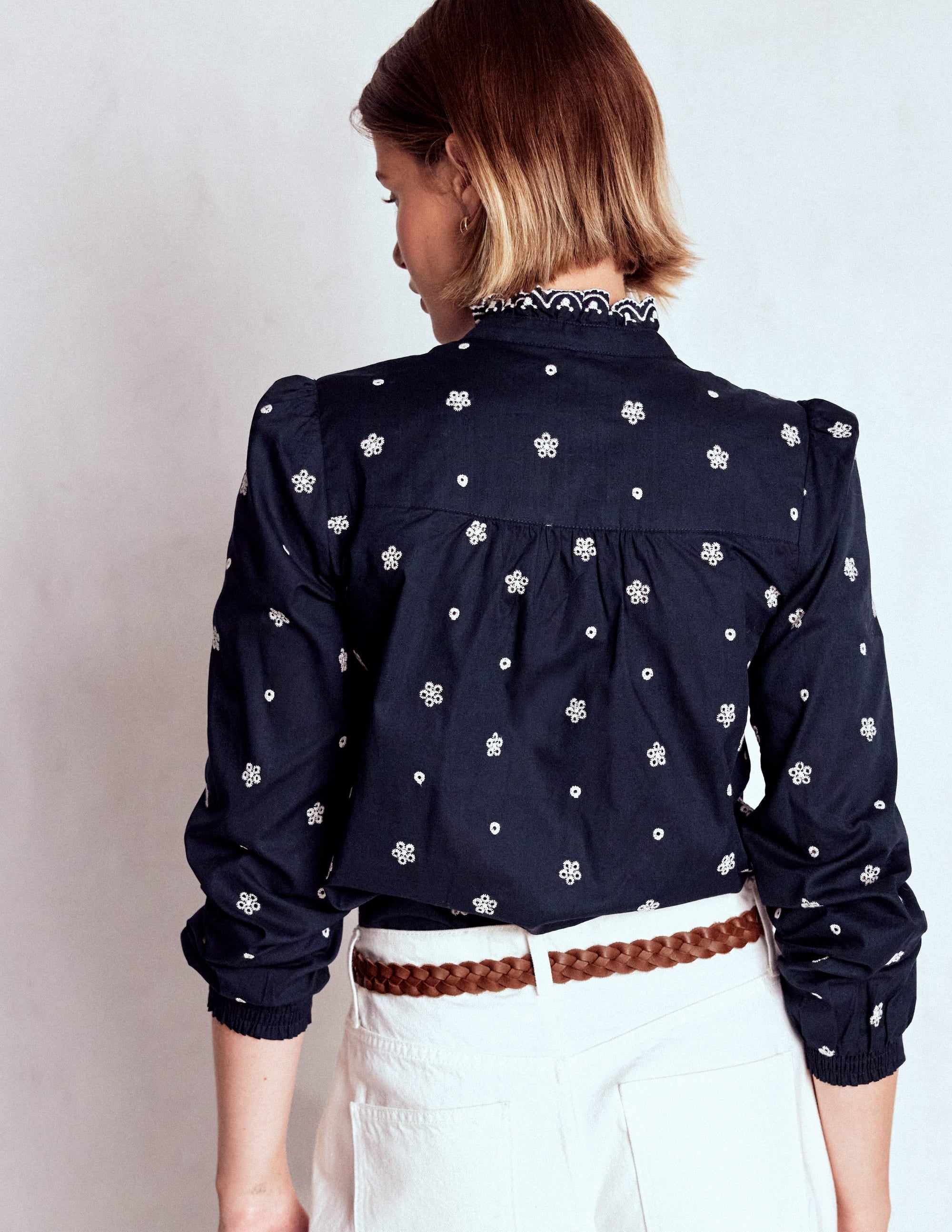 Helena Cotton Top-Navy, White Embroidery