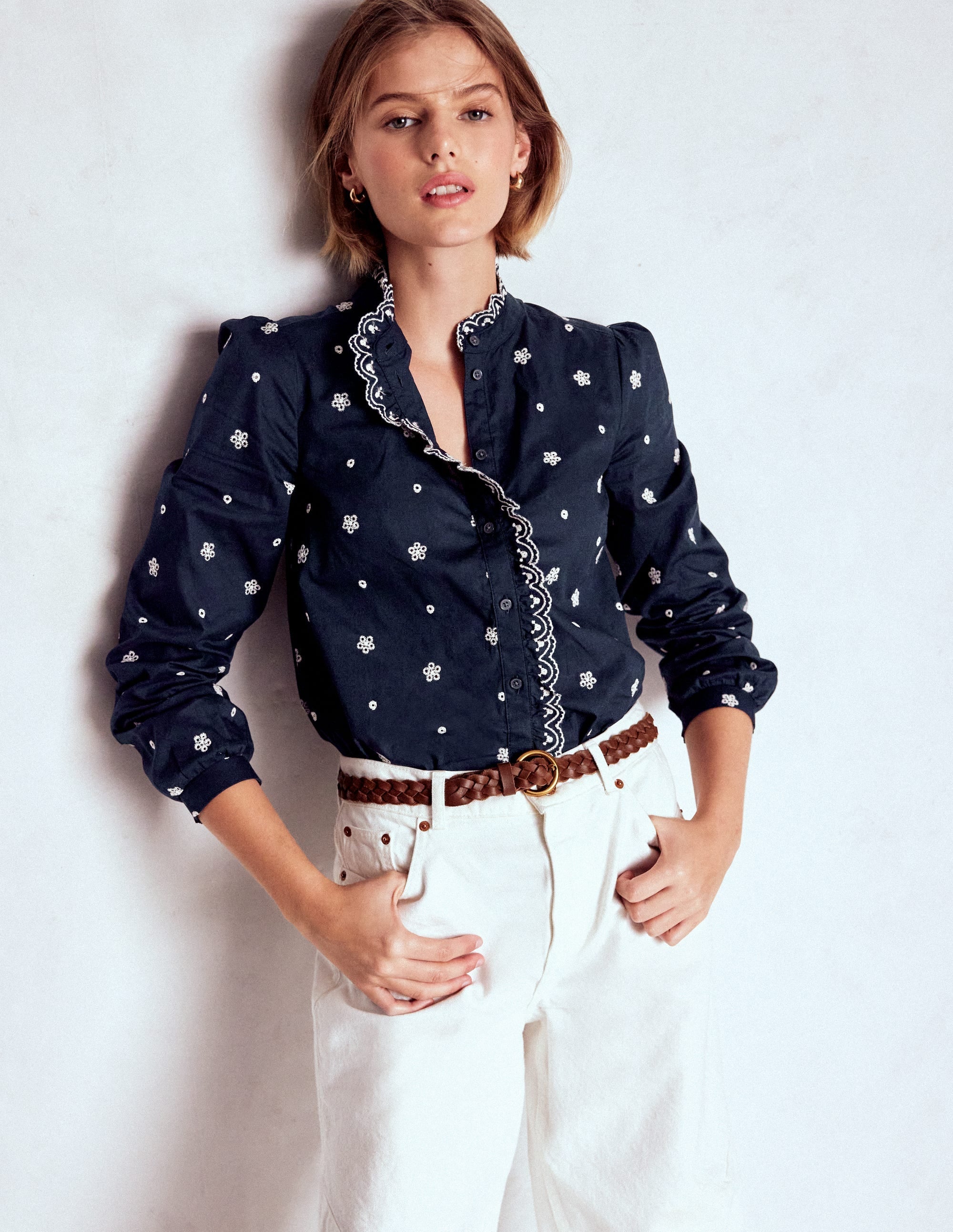 Helena Cotton Top-Navy, White Embroidery