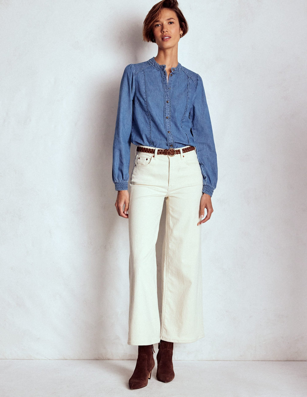 Rhea Trim Insert Denim Top-Light Vintage