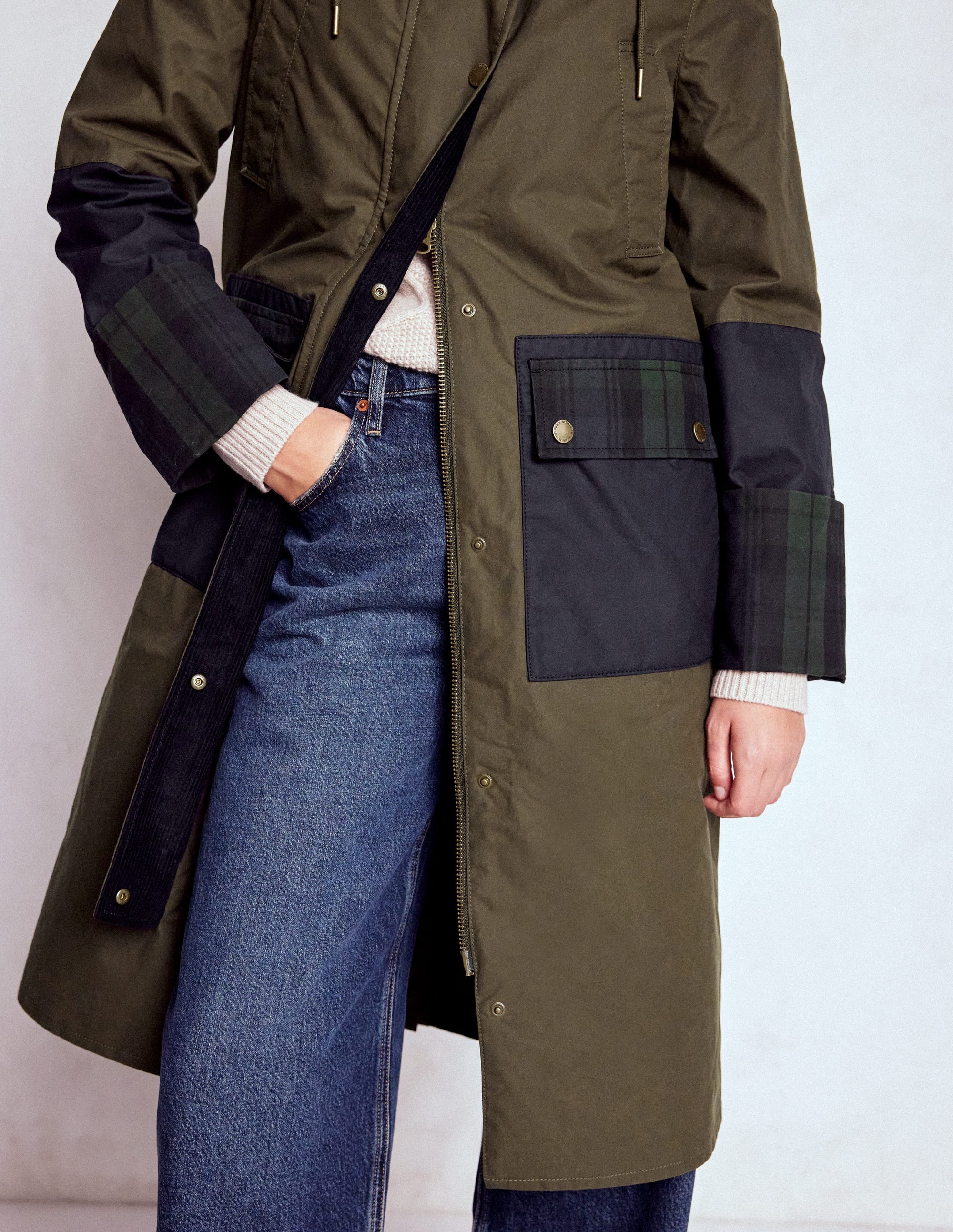 Longline Wax Coat-Navy Khaki Colourblock