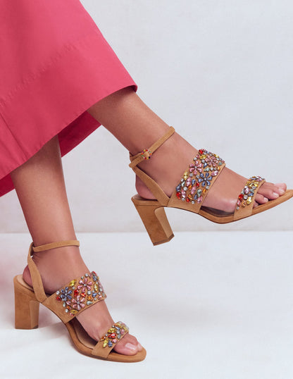 Embellished Block Heel Sandal-Tan Embellished