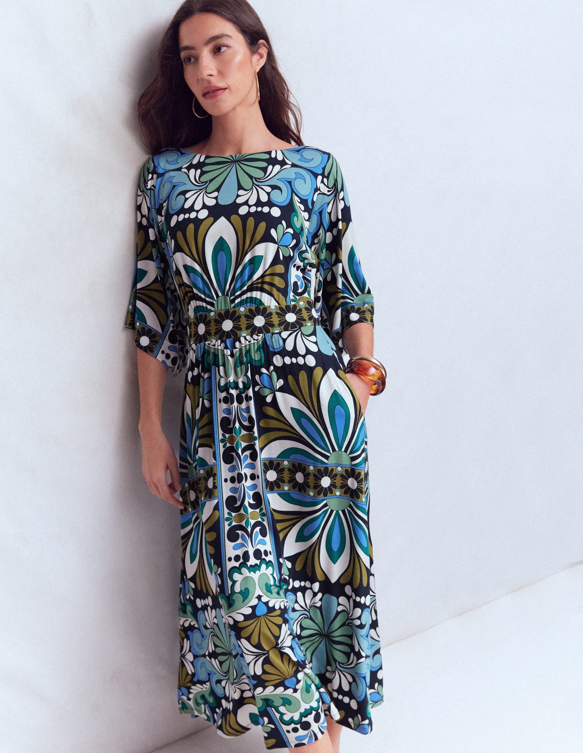 Imelda Kimono Jersey Dress-Navy, Bloom Tapestry