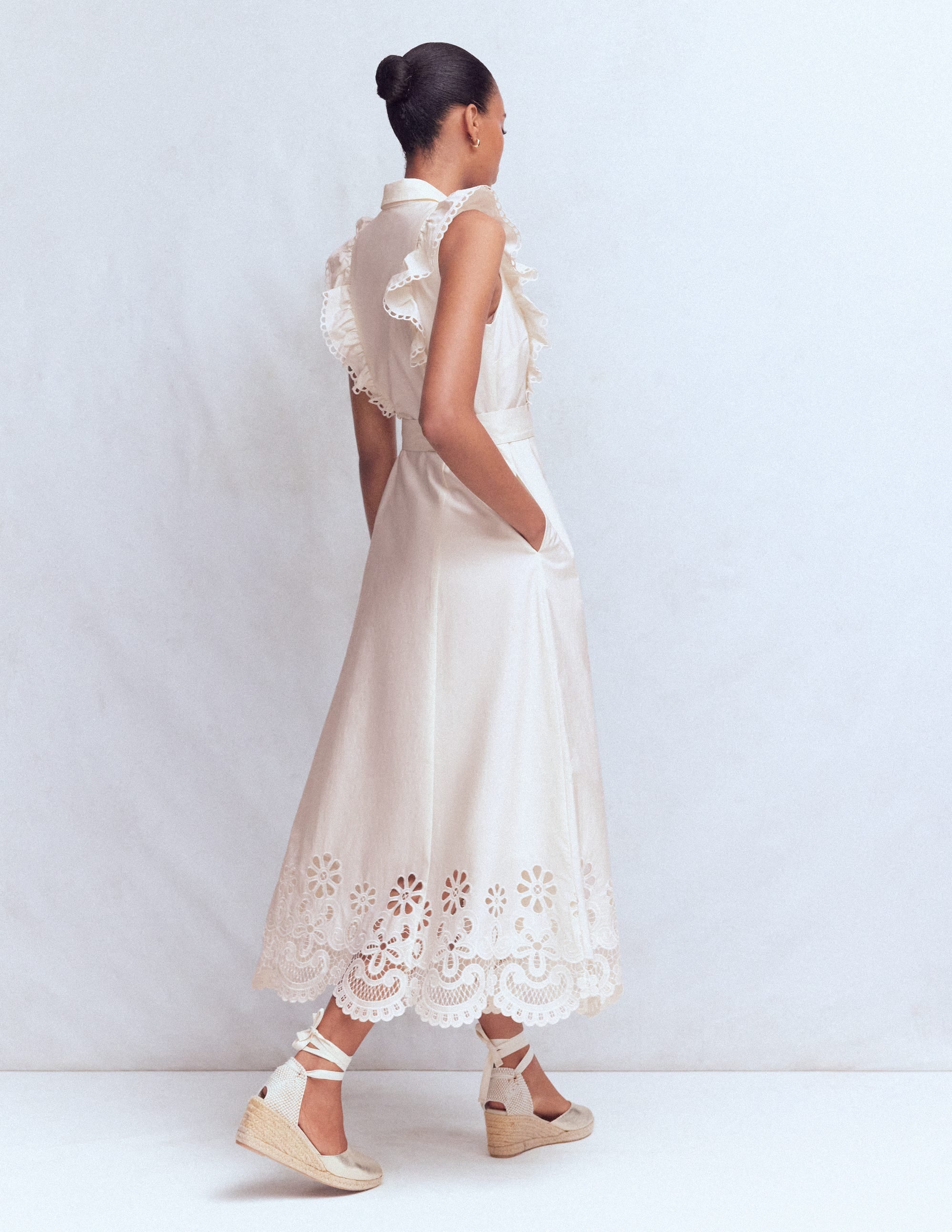 Ruffle Bodice Shirt Dress-White Broderie Trim