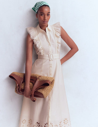 Ruffle Bodice Shirt Dress-White Broderie Trim