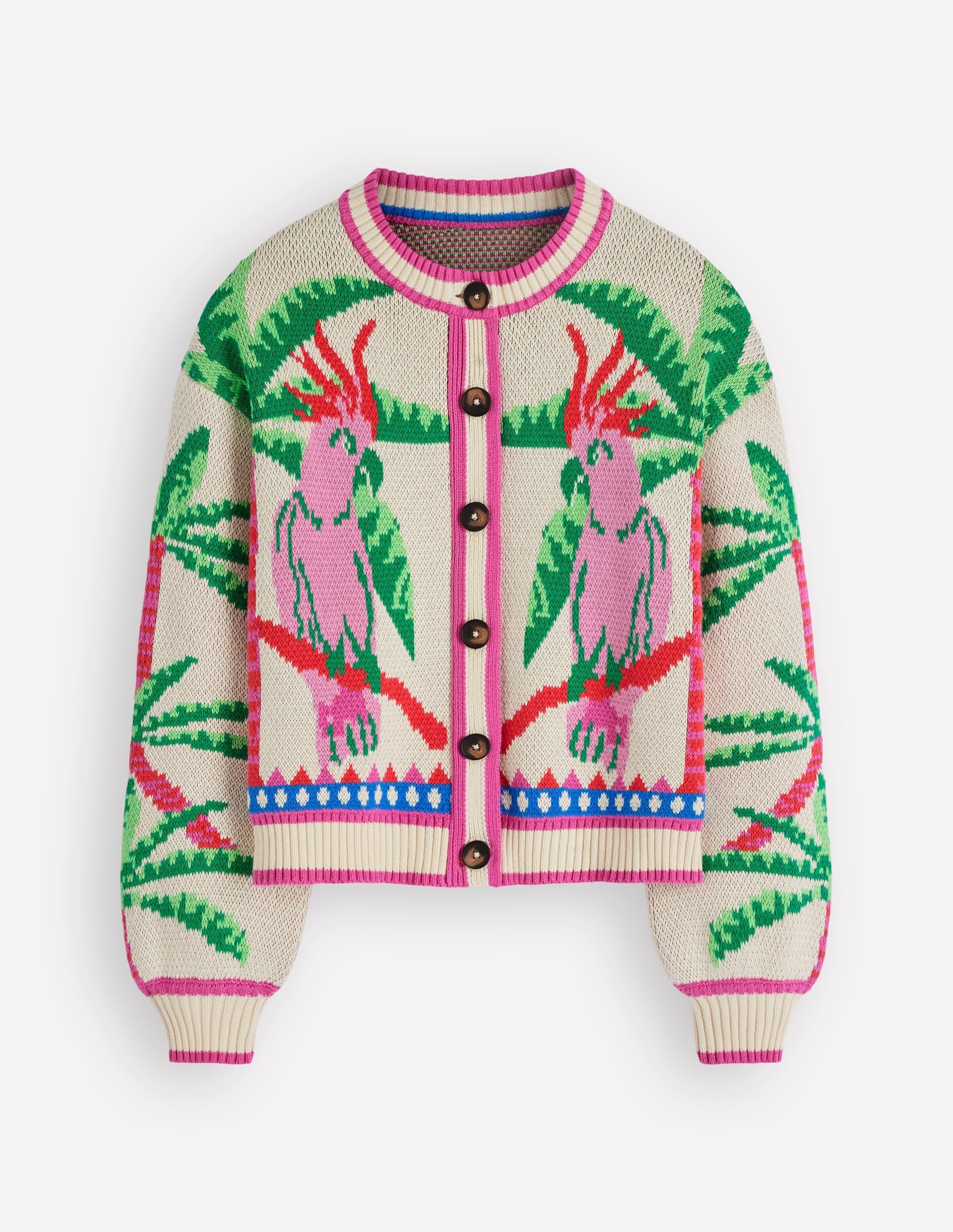 Abi Jacquard Cardigan-Warm Ivory, Palm Tree Birds