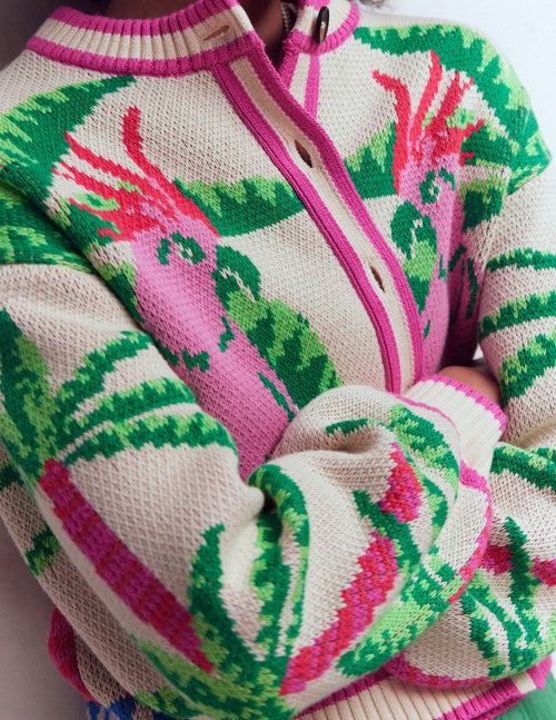 Abi Jacquard Cardigan-Warm Ivory, Palm Tree Birds