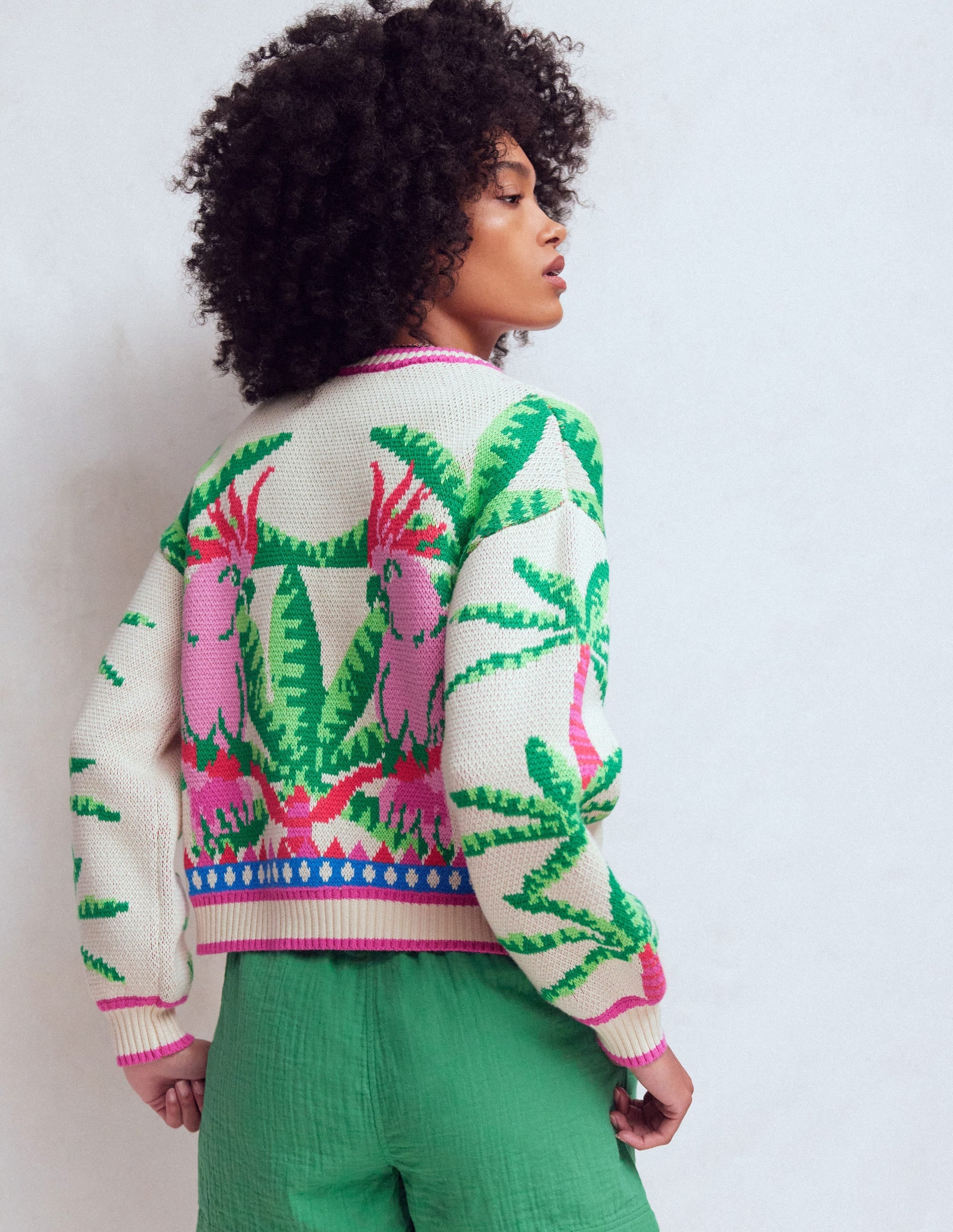 Abi Jacquard Cardigan-Warm Ivory, Palm Tree Birds