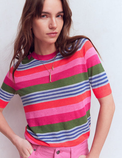 Agnes Linen Button T-Shirt-Multi Stripe
