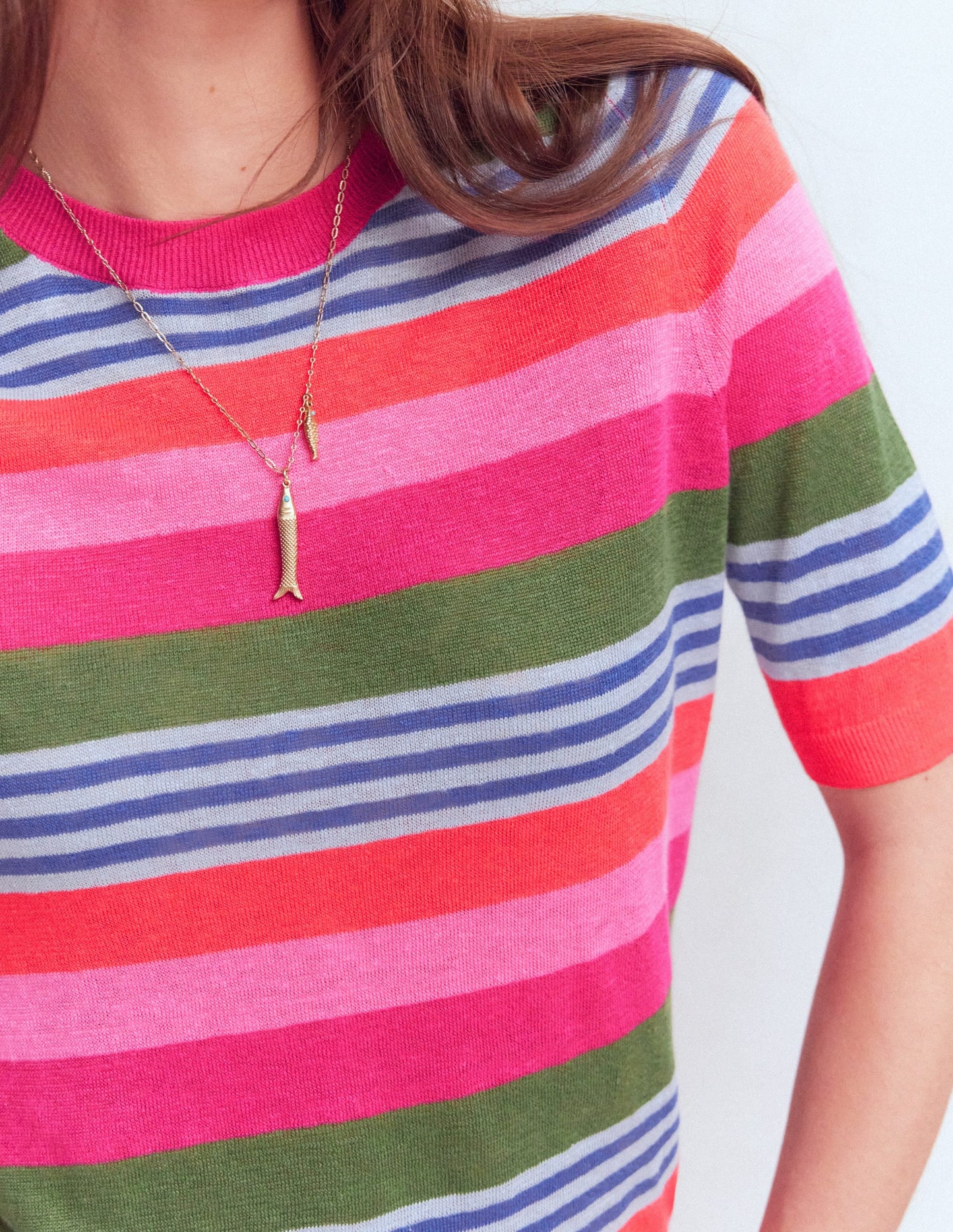 Agnes Linen Button T-Shirt-Multi Stripe