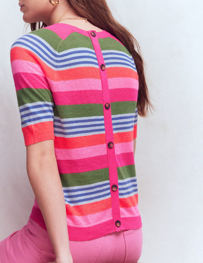 Agnes Linen Button T-Shirt-Multi Stripe
