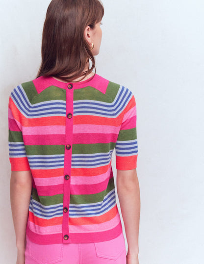 Agnes Linen Button T-Shirt-Multi Stripe