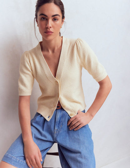 Hayley Cotton V-neck Cardigan-Warm Ivory