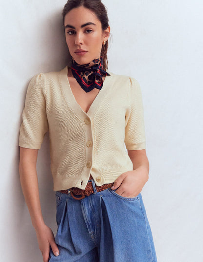 Hayley Cotton V-neck Cardigan-Warm Ivory