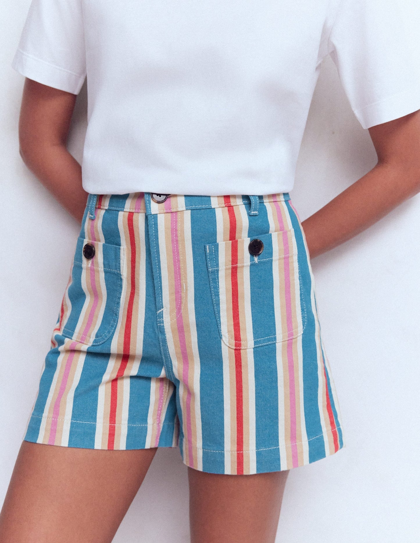 Primrose Denim Shorts-Blue, Pink, Red Multistripe