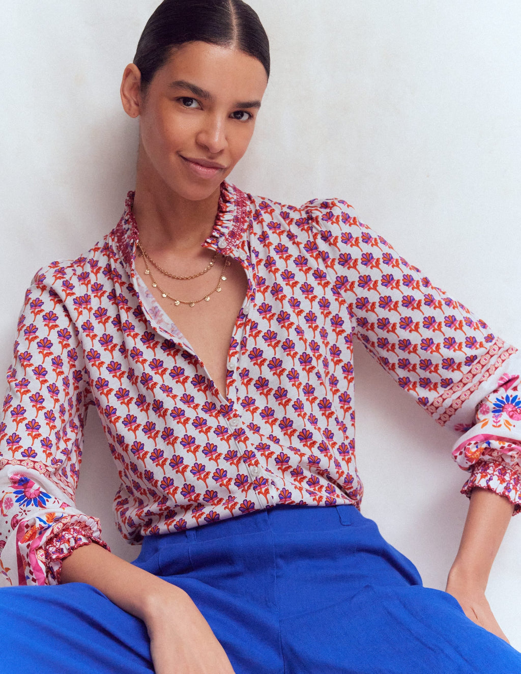 Effie Smocked Detail Shirt-Multi, Meadow Stamp Placement