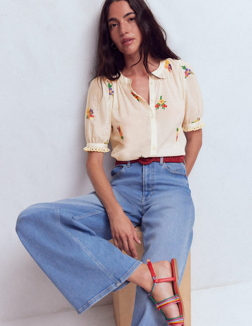 Camille Embroidered Cotton Top-Ivory Floral Embroidery