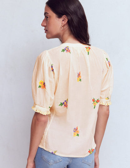 Camille Embroidered Cotton Top-Ivory Floral Embroidery