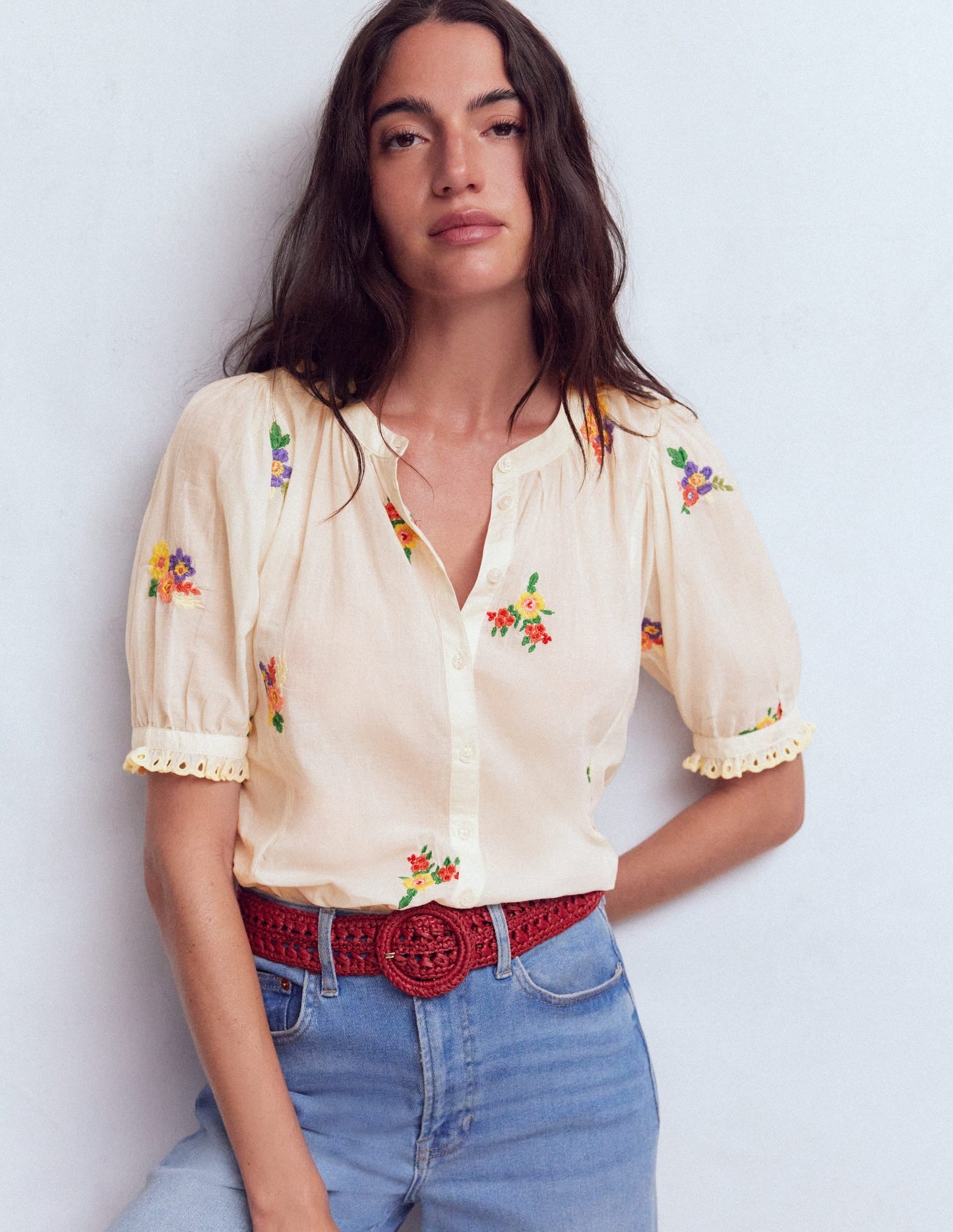 Camille Embroidered Cotton Top-Ivory Floral Embroidery