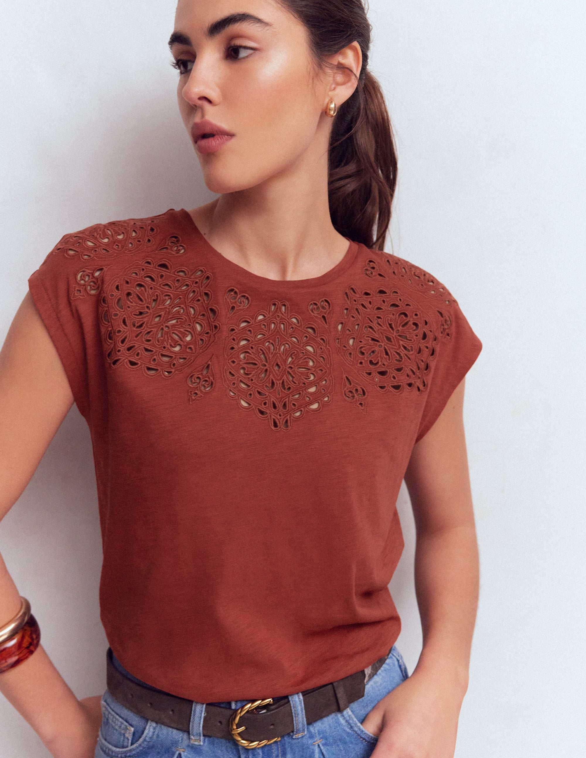 Willow Broderie T-shirt-Burnt Orange