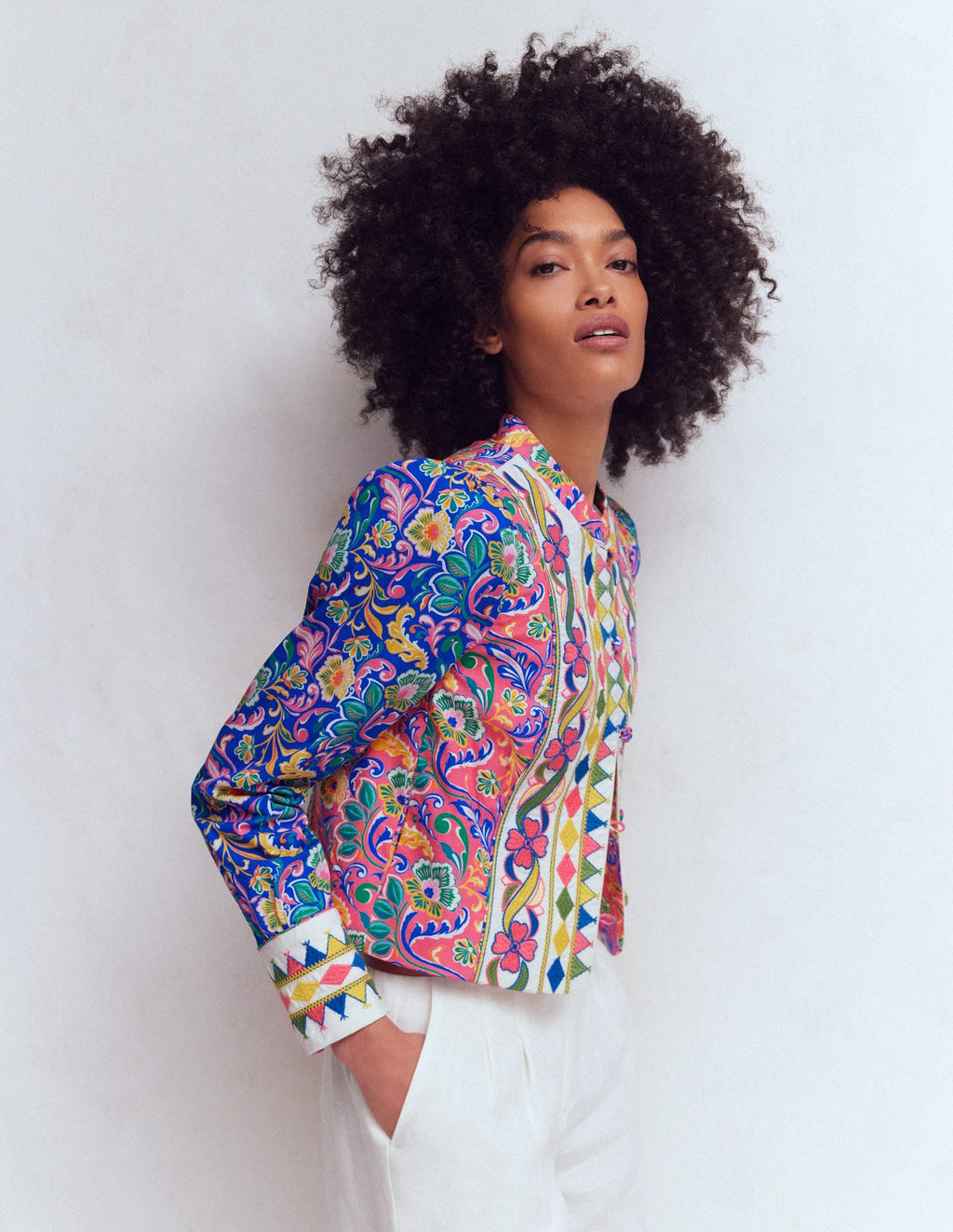 Printed Trim Jacket-Multi, Enchanting Bouquet
