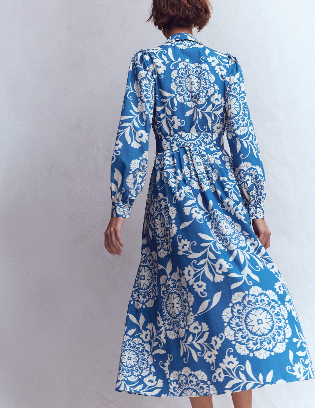 Alexa Cotton Midi Shirt Dress-Blue, Decorative Blossom