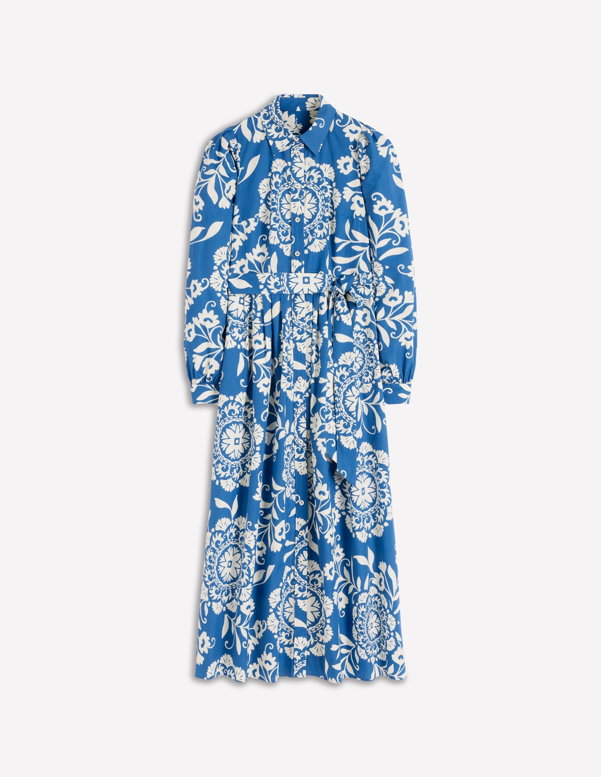 Alexa Cotton Midi Shirt Dress-Blue, Decorative Blossom