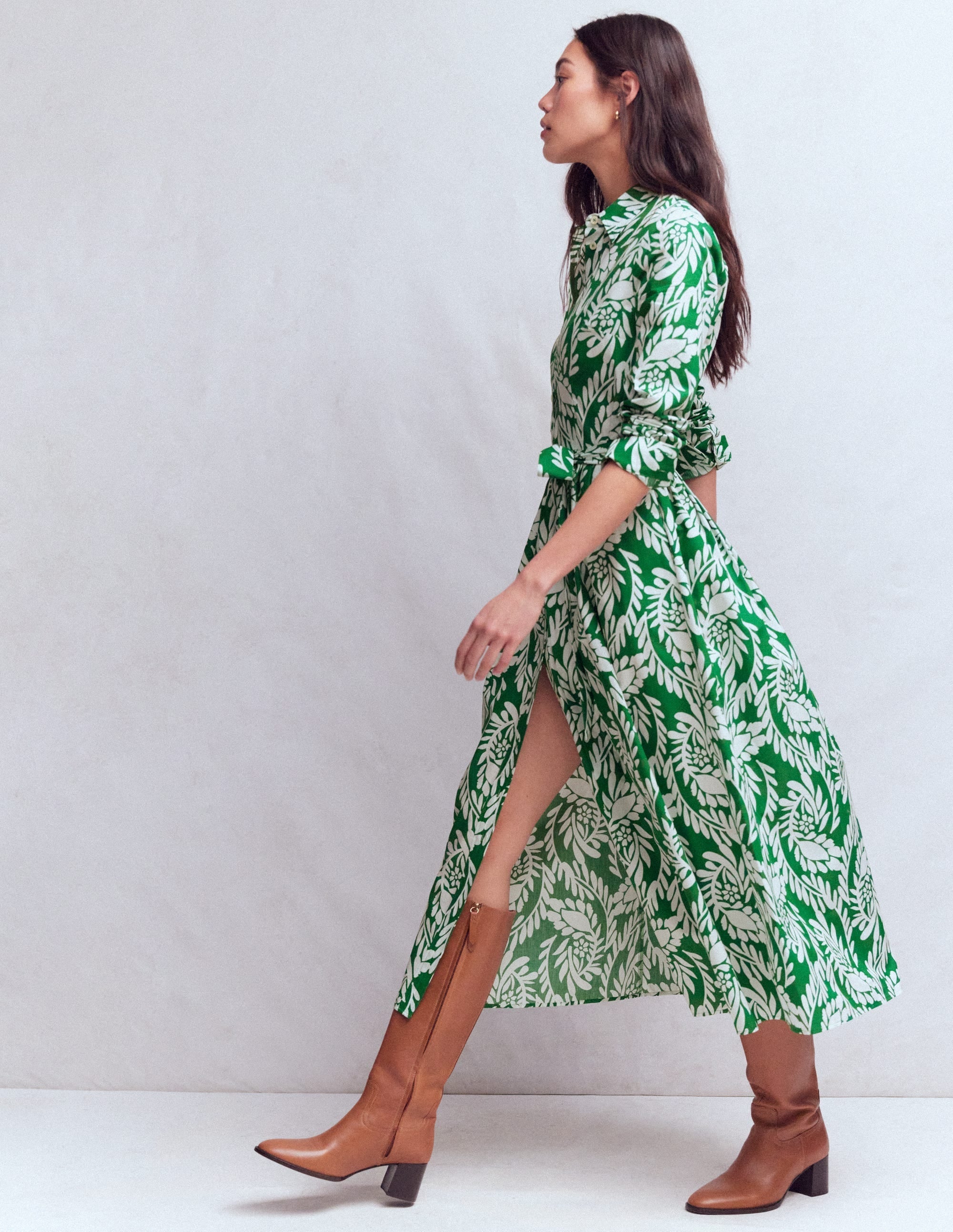 Alexa Cotton Midi Shirt Dress-Fresh Green, Scattered Vine