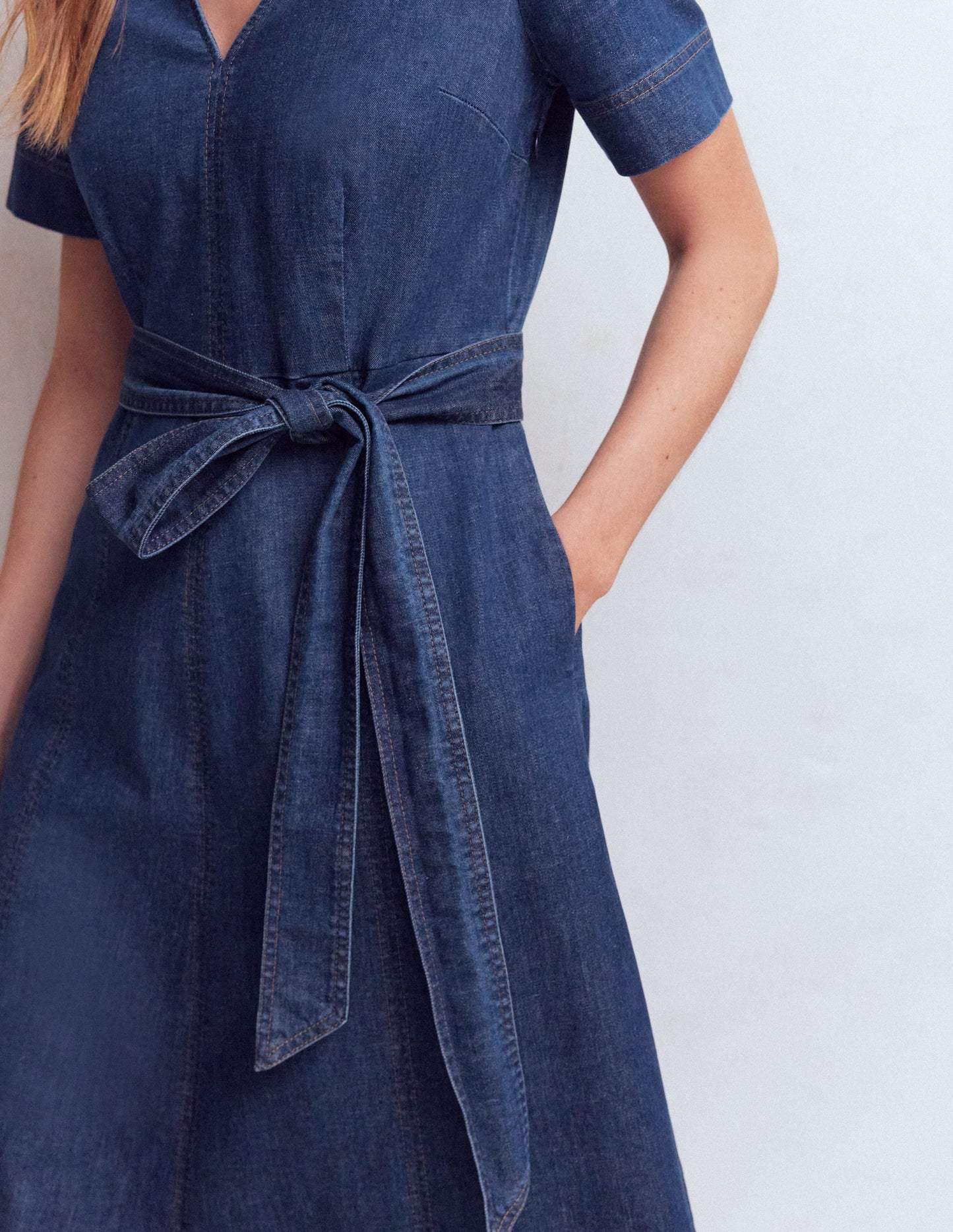 V-Neck Denim Dress-Mid Vintage