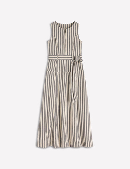 Sleeveless Zip Denim Dress-Ivory and Navy Stripe