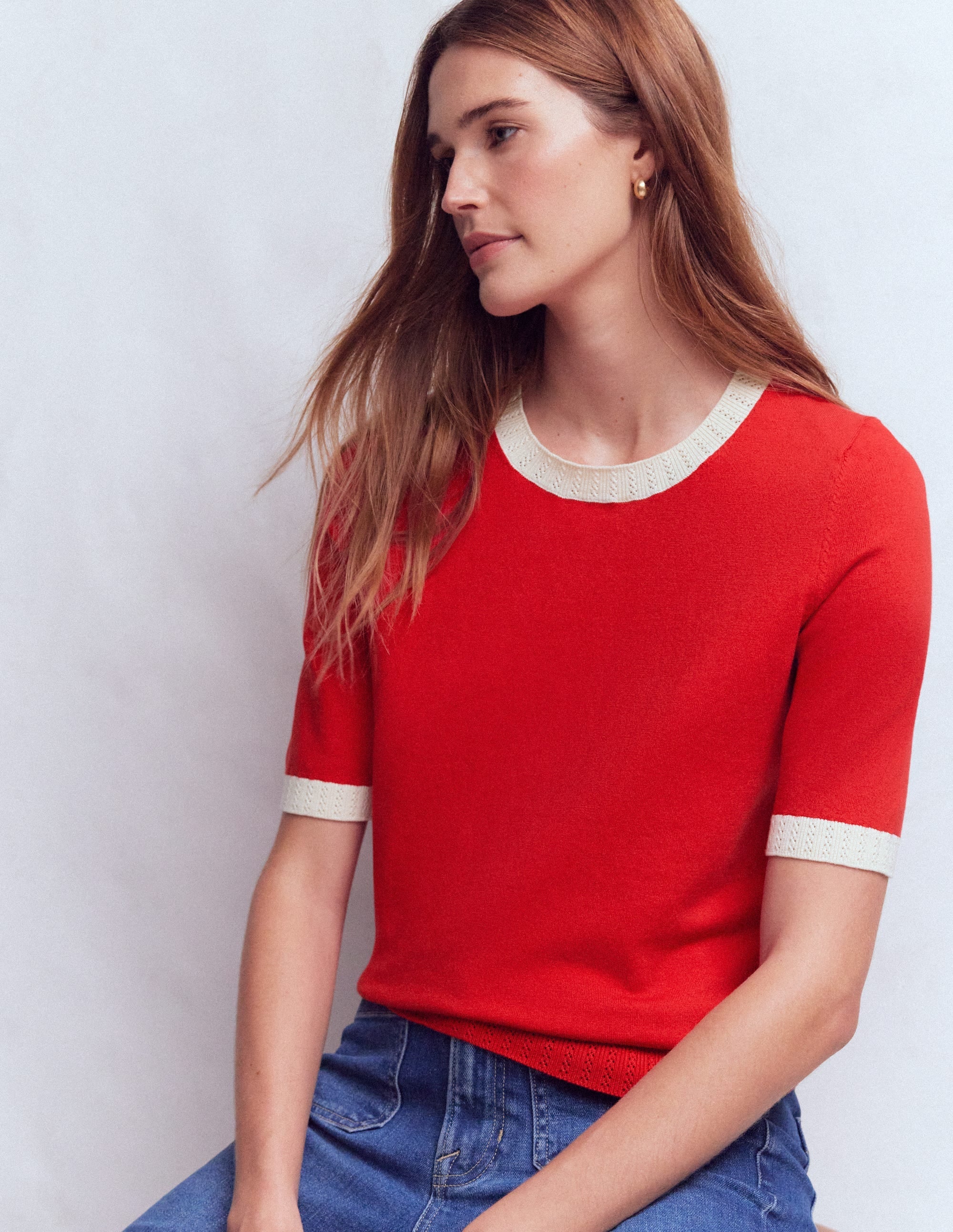 Emilia Cotton Crew T-shirt-Merida Red, Ivory