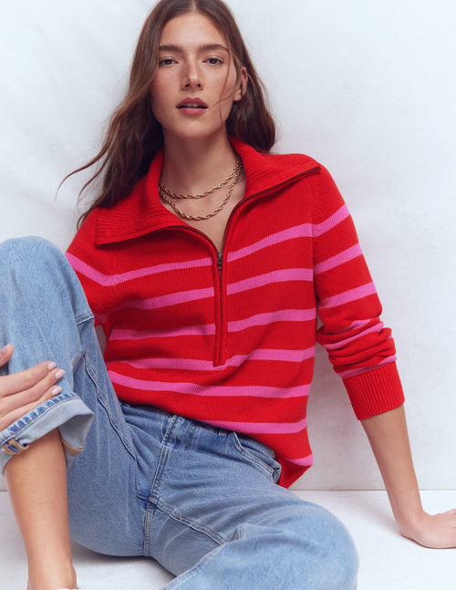 Lucy Half Zip Sweater-Pink/ Red