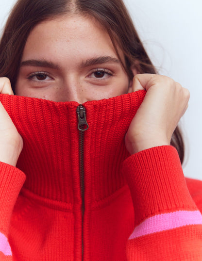 Lucy Half Zip Sweater-Pink/ Red