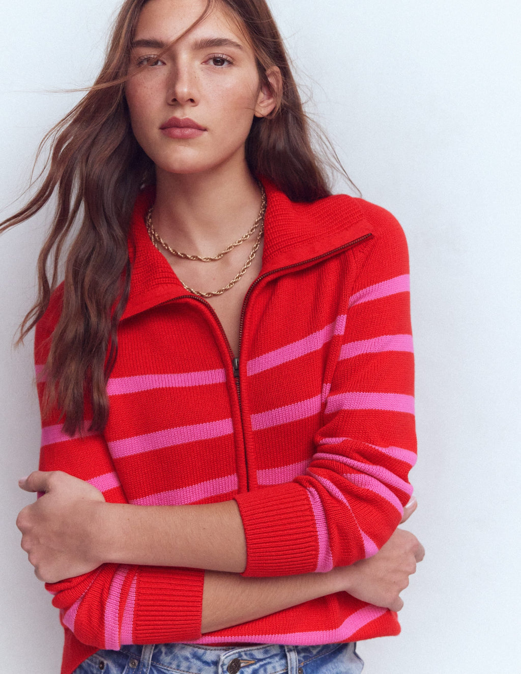 Lucy Half Zip Sweater-Pink/ Red