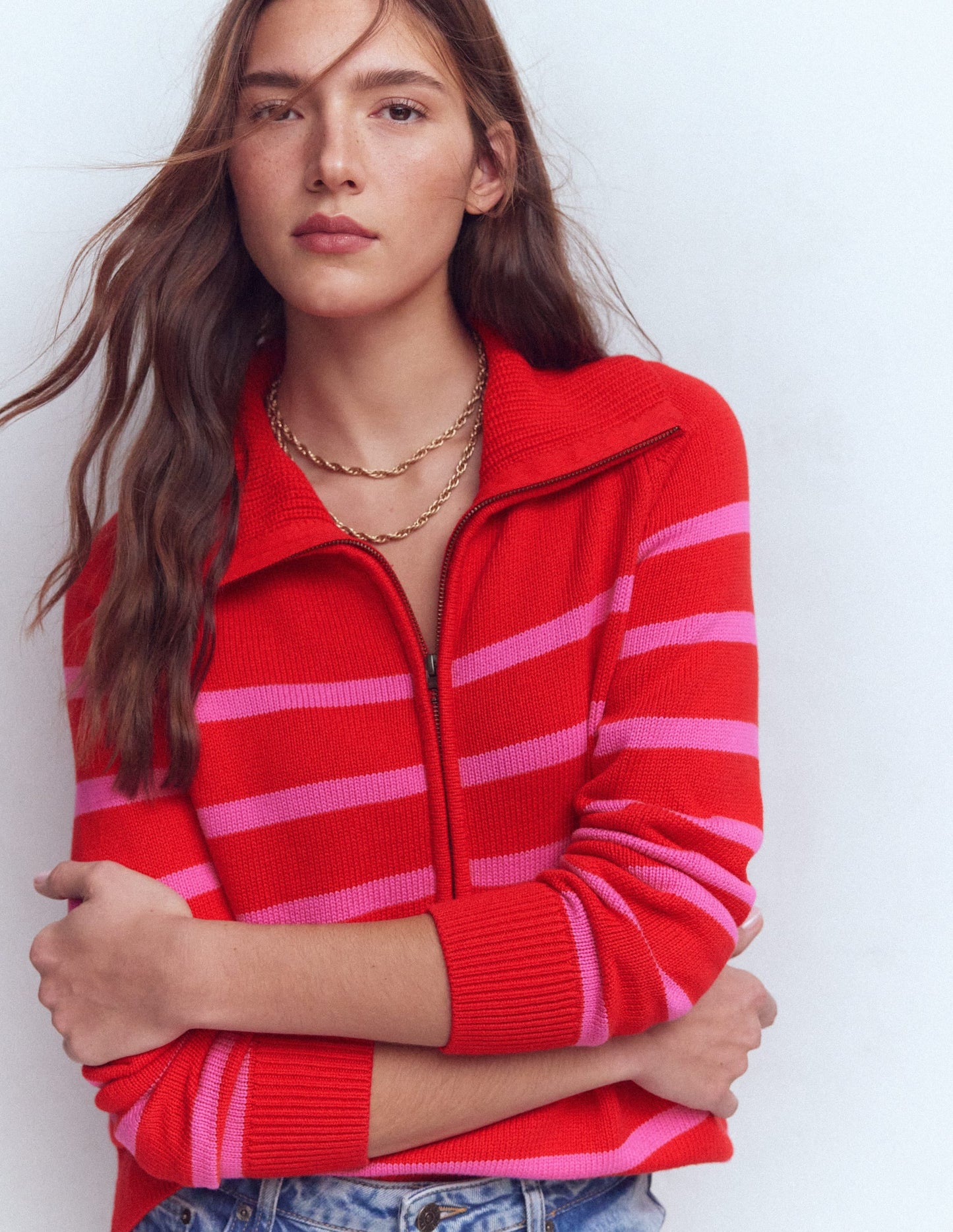 Lucy Half Zip Sweater-Pink/ Red
