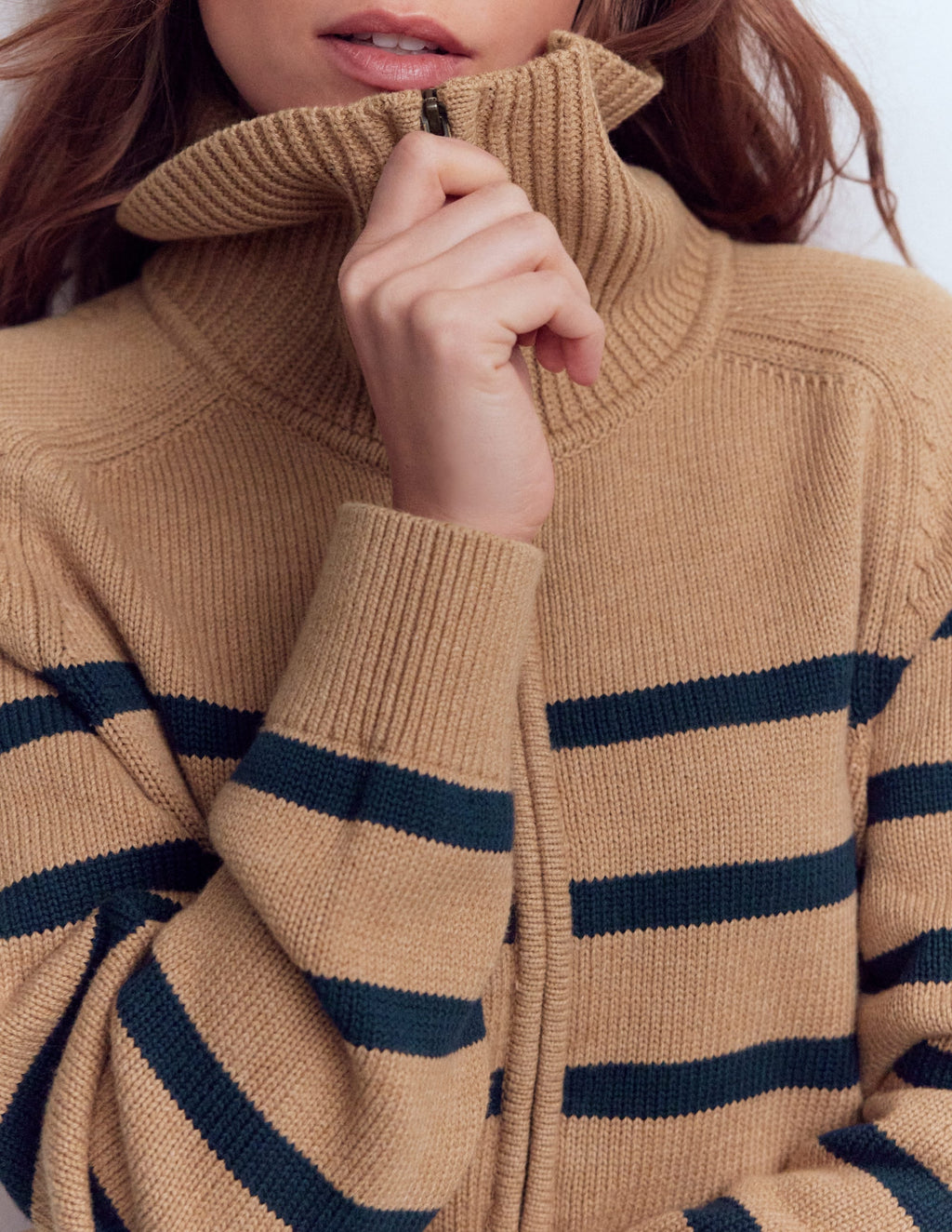 Lucy Half Zip Sweater-Camel Melange, Navy Stripe