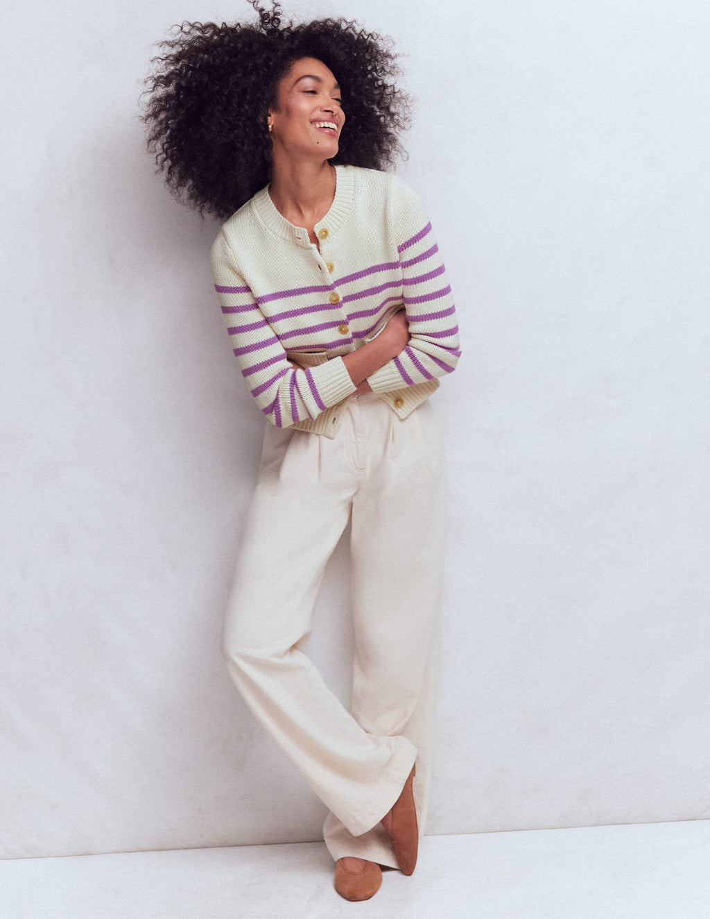 Lucy Chunky Cotton Cardigan-Warm Ivory/ Mulberry Purple