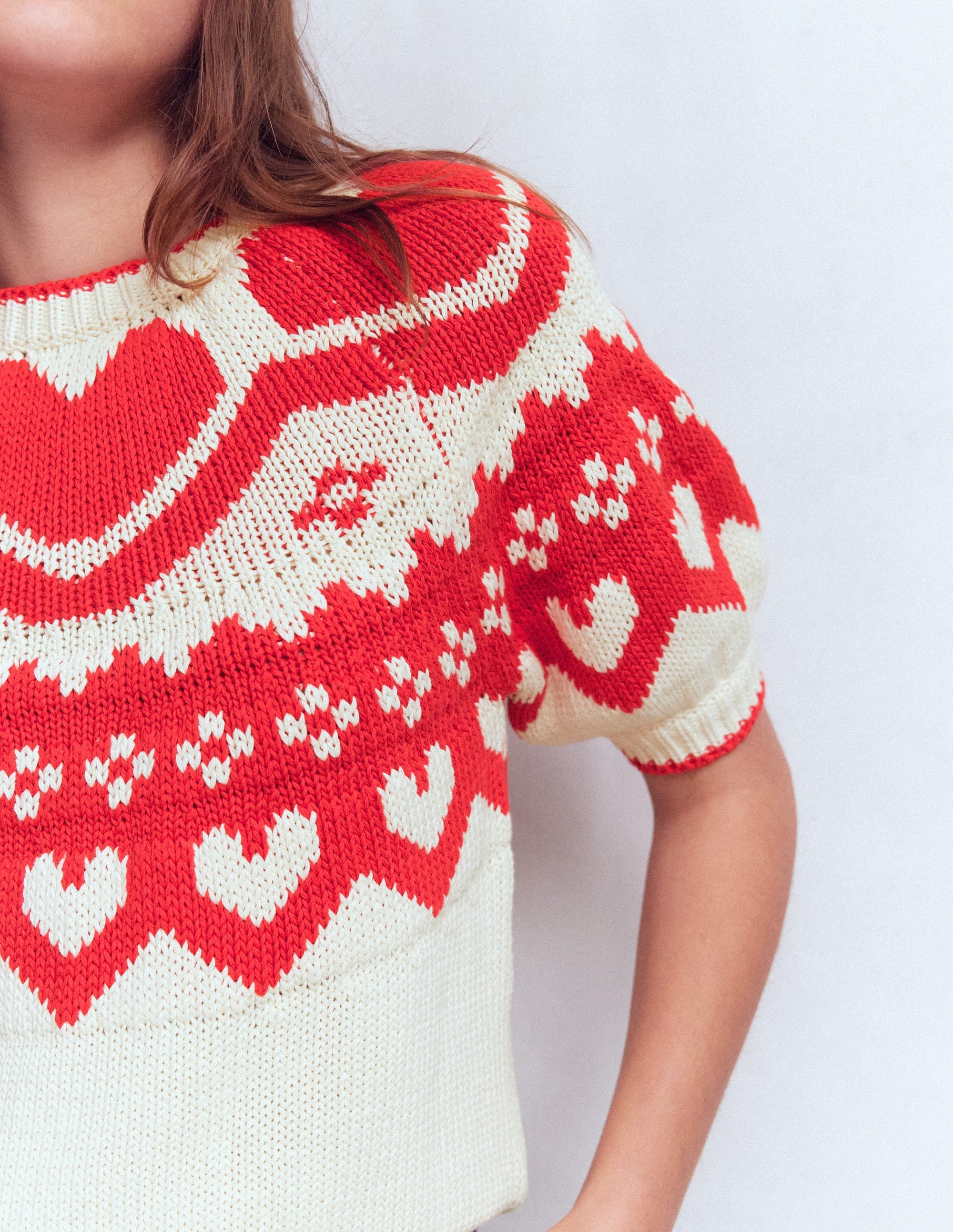 Margot Puff Sleeve T-Shirt-Warm Ivory Hearts