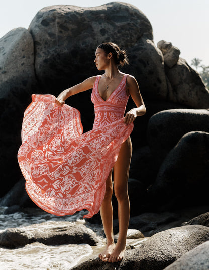 Porto V-neck Swimsuit-Poppy Red, Ornamental Garden