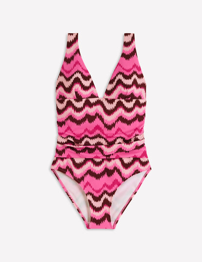Mykonos Deep V Swimsuit-Pink Punch, Zig Zag Wave