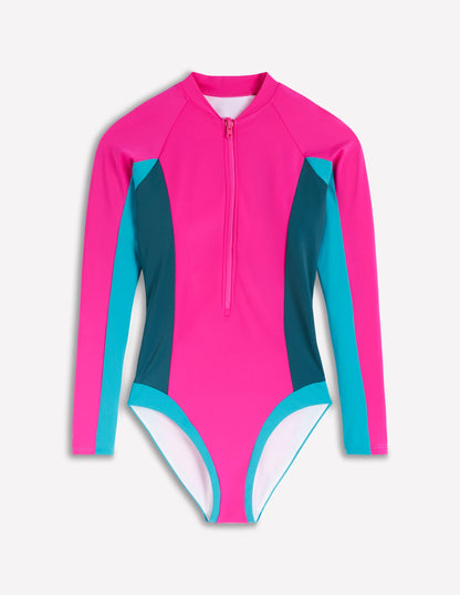 Rash Guard Swimsuit-Pink, Colourblock