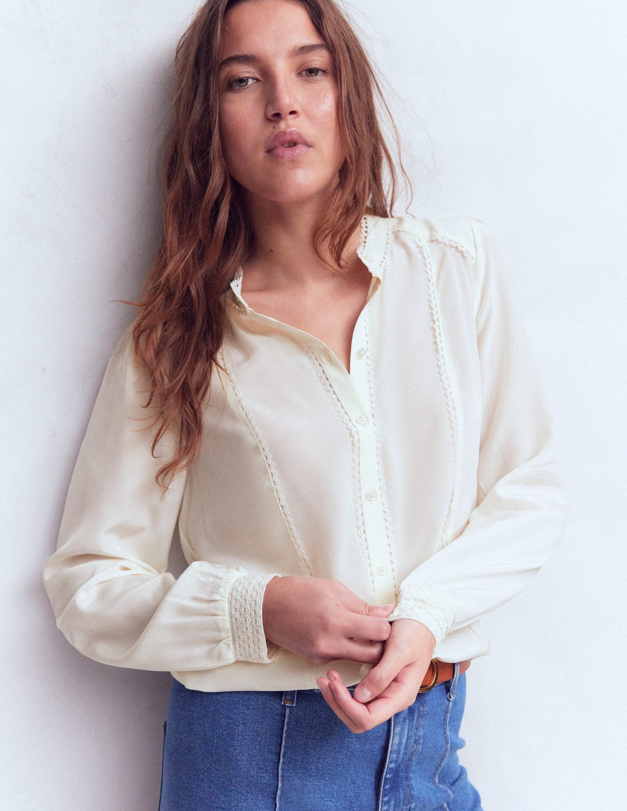 Rhea Trim Detail Silk Top-Ivory