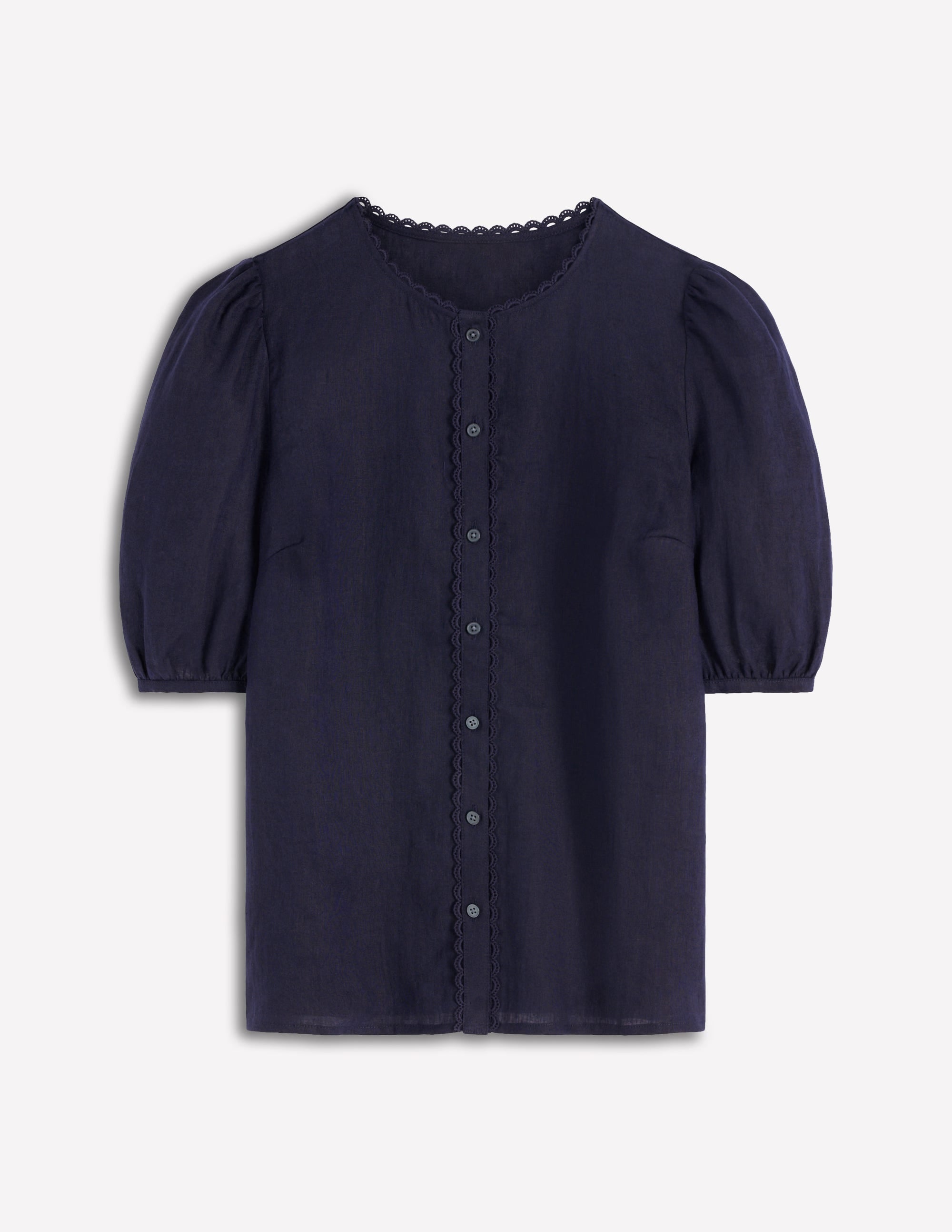 Leah Short Sleeve Linen Top-Navy