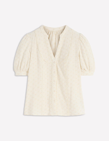 Trim Insert Double Cloth Top-Ivory Broderie