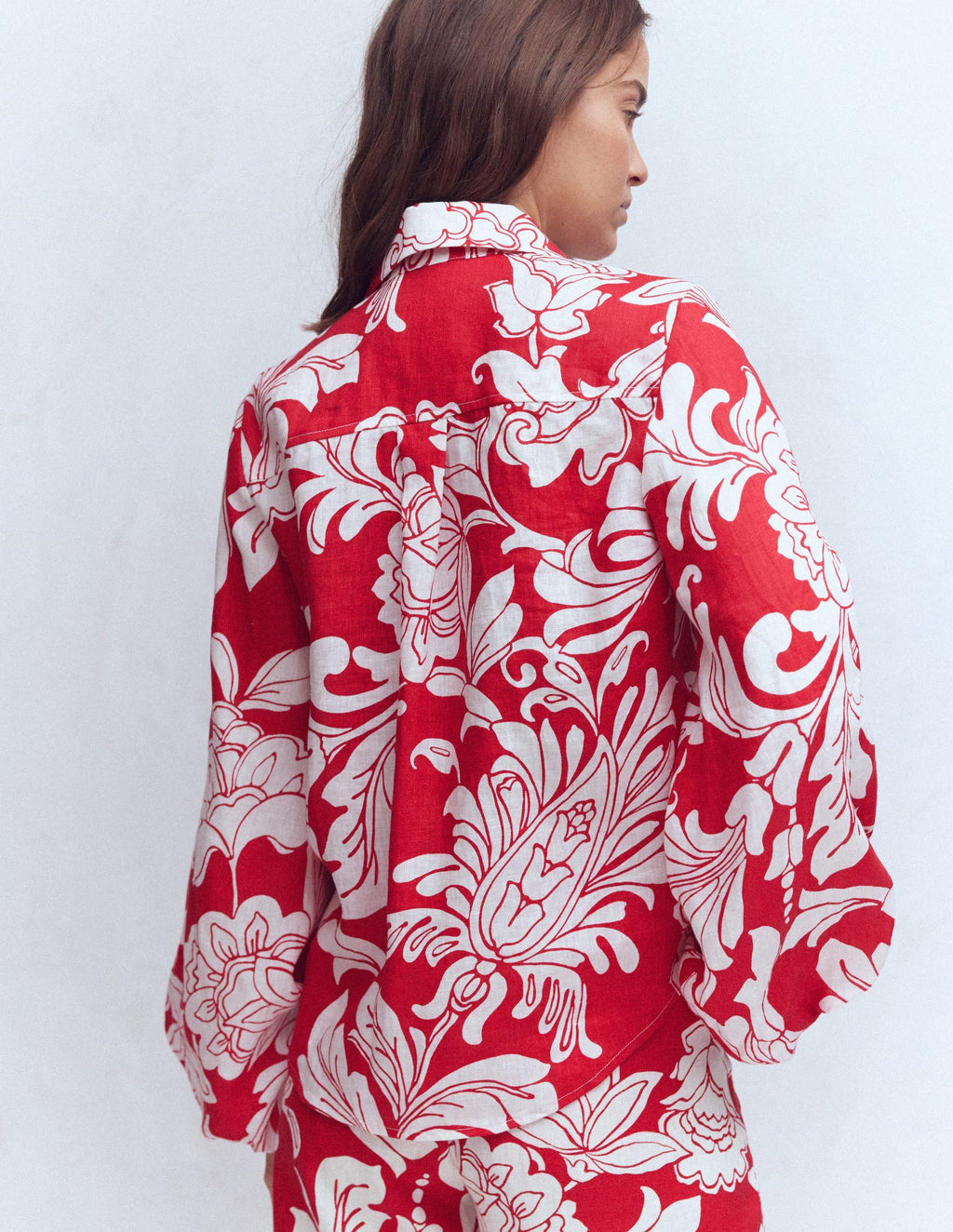 Puff Sleeve Linen Shirt-Merida Red, Botanical Flourish