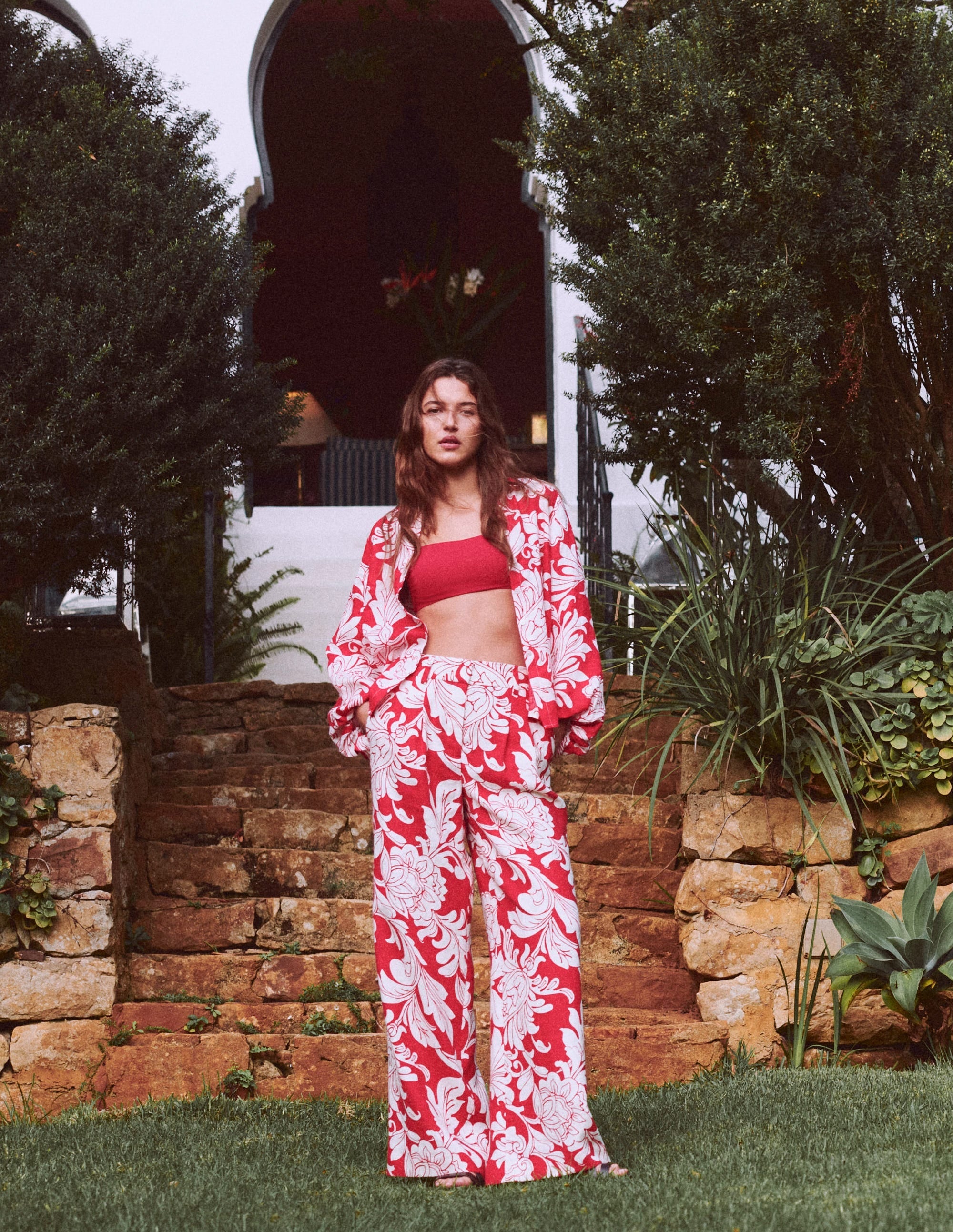 Puff Sleeve Linen Shirt-Merida Red, Botanical Flourish