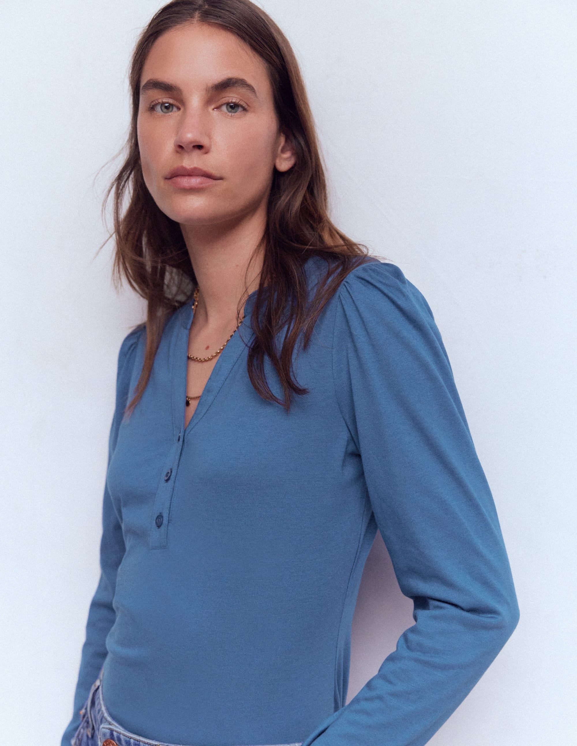 Supersoft Open Neck Henley-Denim Blue