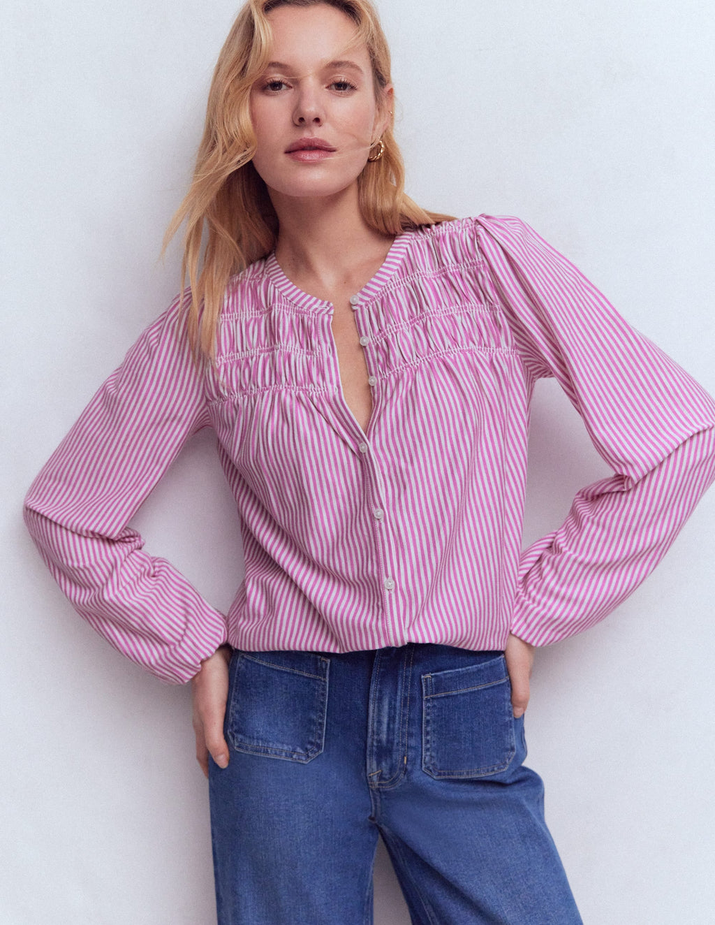 Mya Smocked Jersey Shirt-Clover Purple and Ivory Stripe