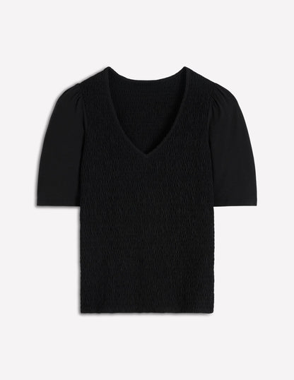 Smocked V Neck Top-Black