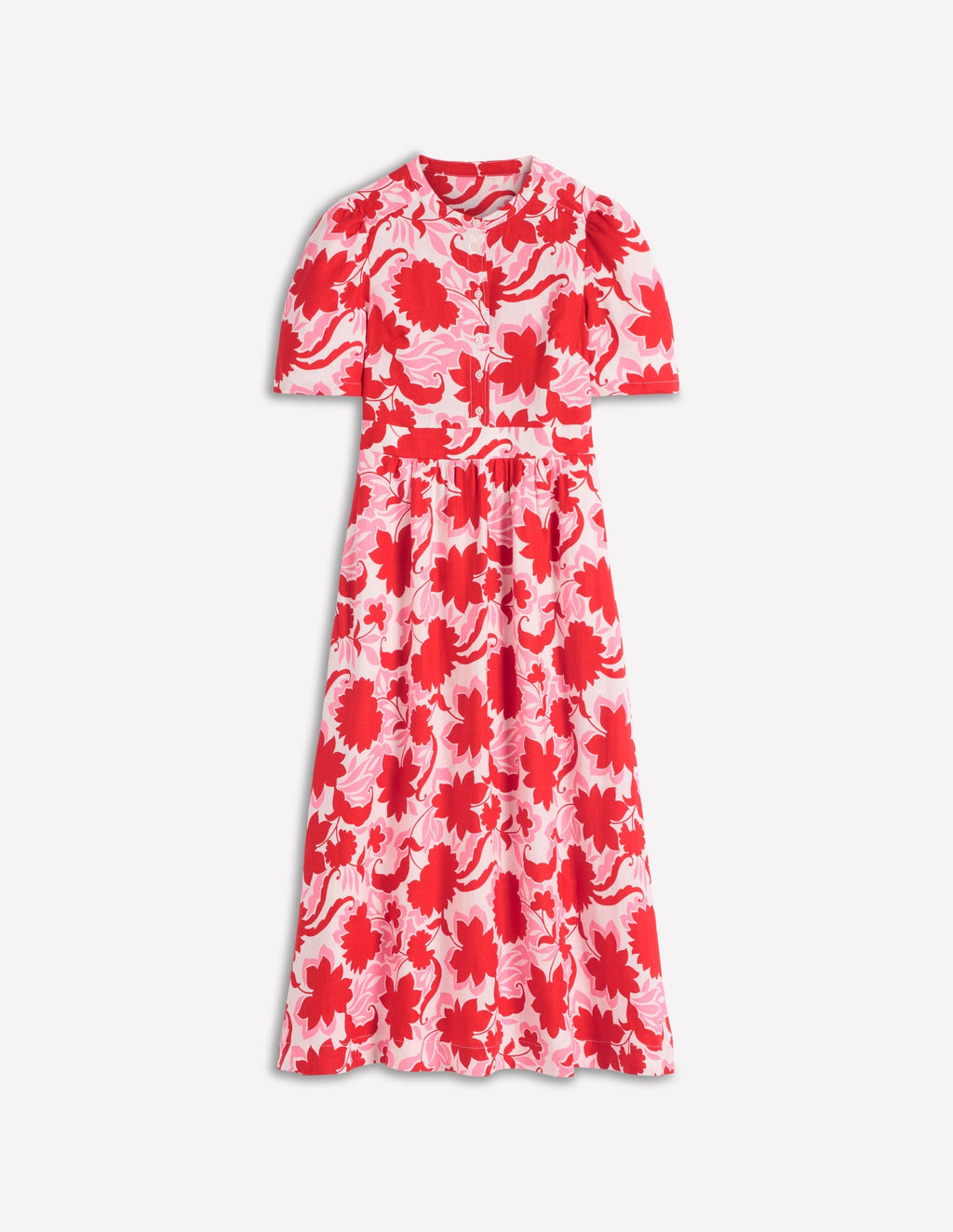 Ivy Button Linen Midi Dress-Red Shadow Blossom