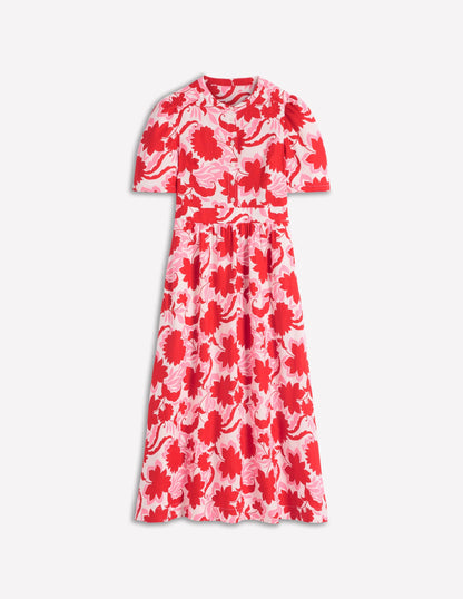 Ivy Button Linen Midi Dress-Red Shadow Blossom